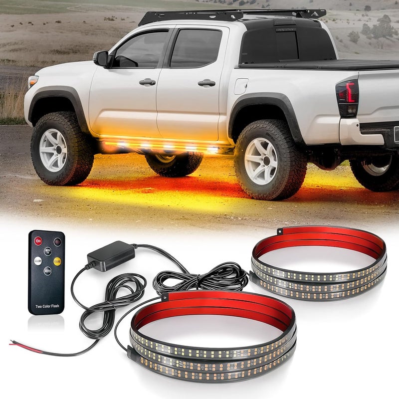 OPT7 2PCS 63" LED Strobe Light Strips - Weatherproof Running Board Emergency Lights with Remote Control, Amber & White Flashing Lights with 31 Warning Modes for Truck Construction Vehicles Pickups - Image 1